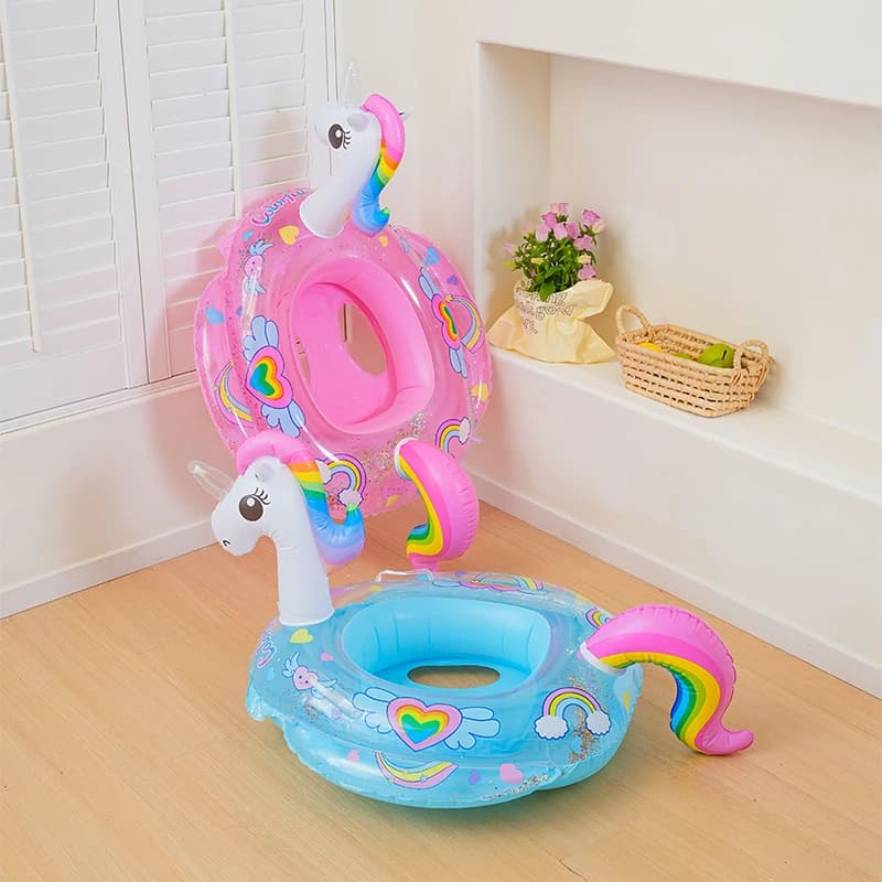 Bouée bébé licorne gonflable avec siège et queue arc-en-ciel, rose ou bleue