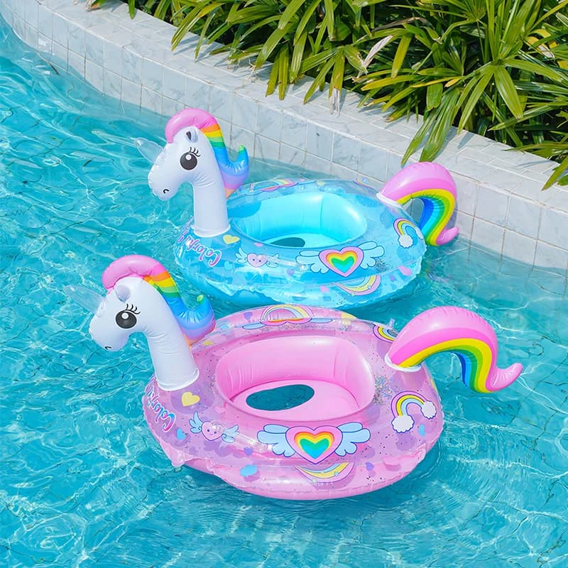 Bouée bébé licorne gonflable avec siège et queue arc-en-ciel, rose ou bleue