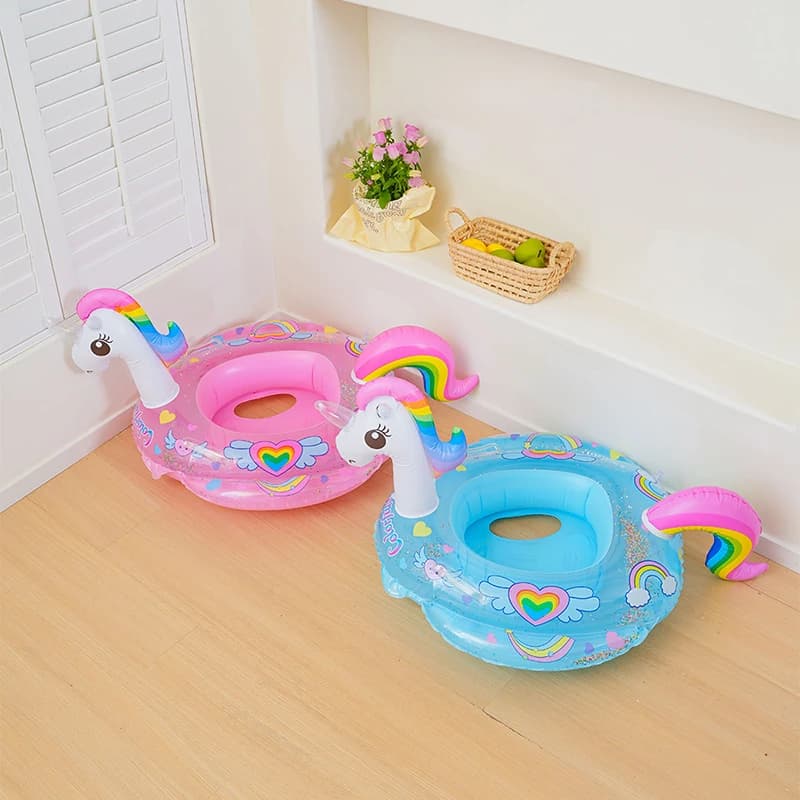 Bouée bébé licorne gonflable avec siège et queue arc-en-ciel, rose ou bleue