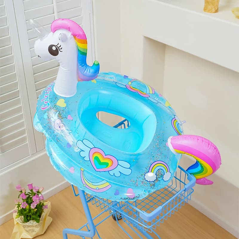 Bouée bébé licorne gonflable avec siège et queue arc-en-ciel, rose ou bleue