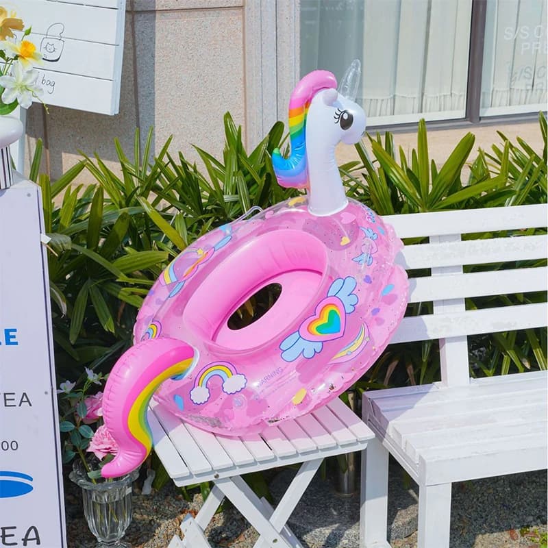 Bouée bébé licorne gonflable avec siège et queue arc-en-ciel, rose ou bleue